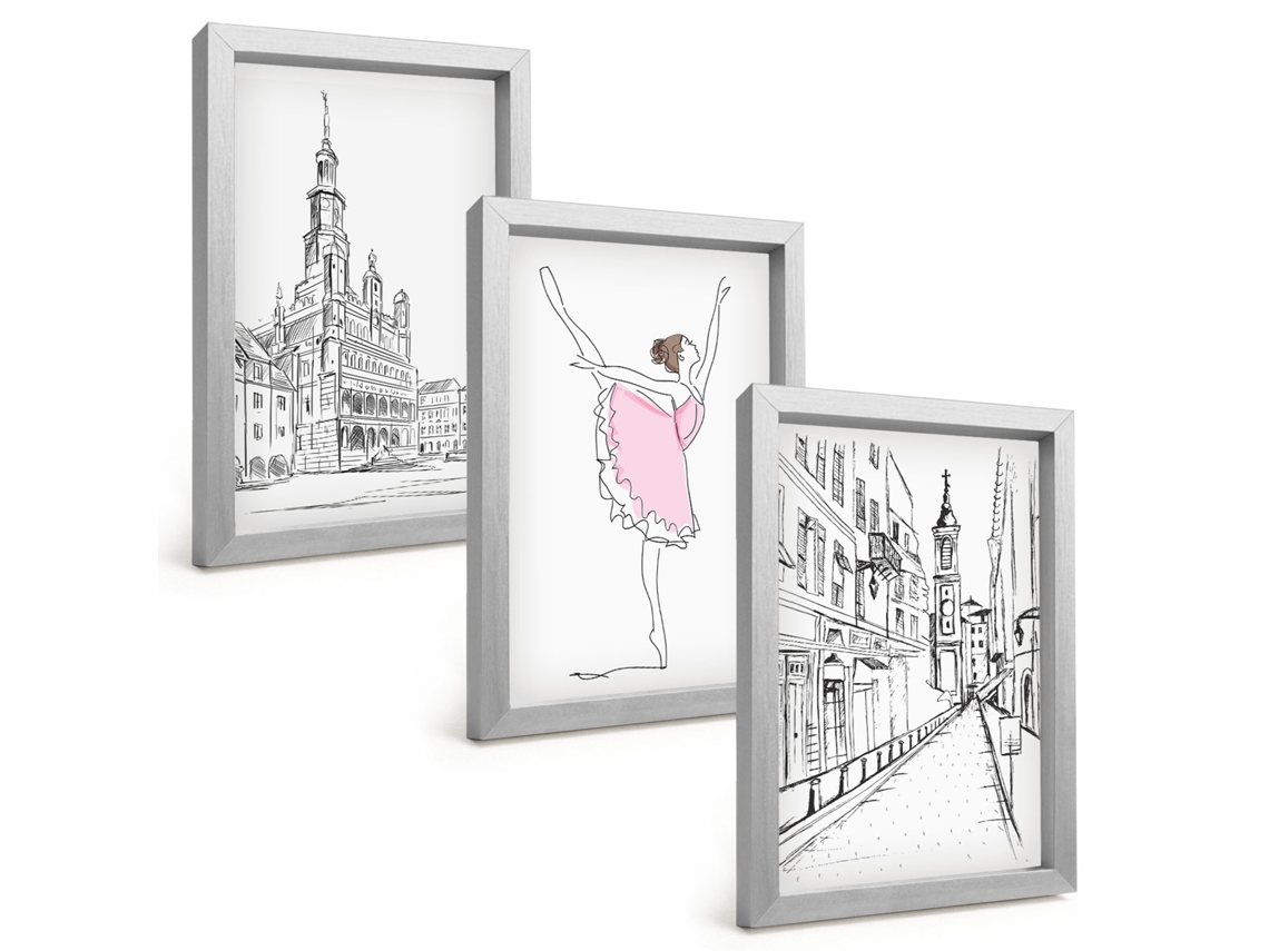 Composição De Quadros Bailarinas Estilosas E Arquitetura Espelharte (3 Peças 20x30 Cm)
