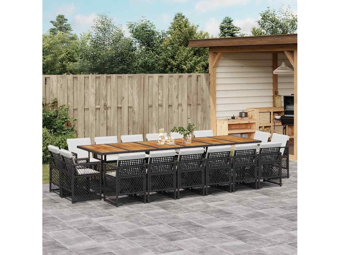 Vidaxl 17 Pcs Conjunto De Jantar P/ Jardim C/ Almofadões Vime Pe Preto