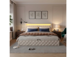 Cama Box Estofada 140x190 Cm Com Baú Hidráulico E Luz Led, Estrado Incluído, Material Pu Branco