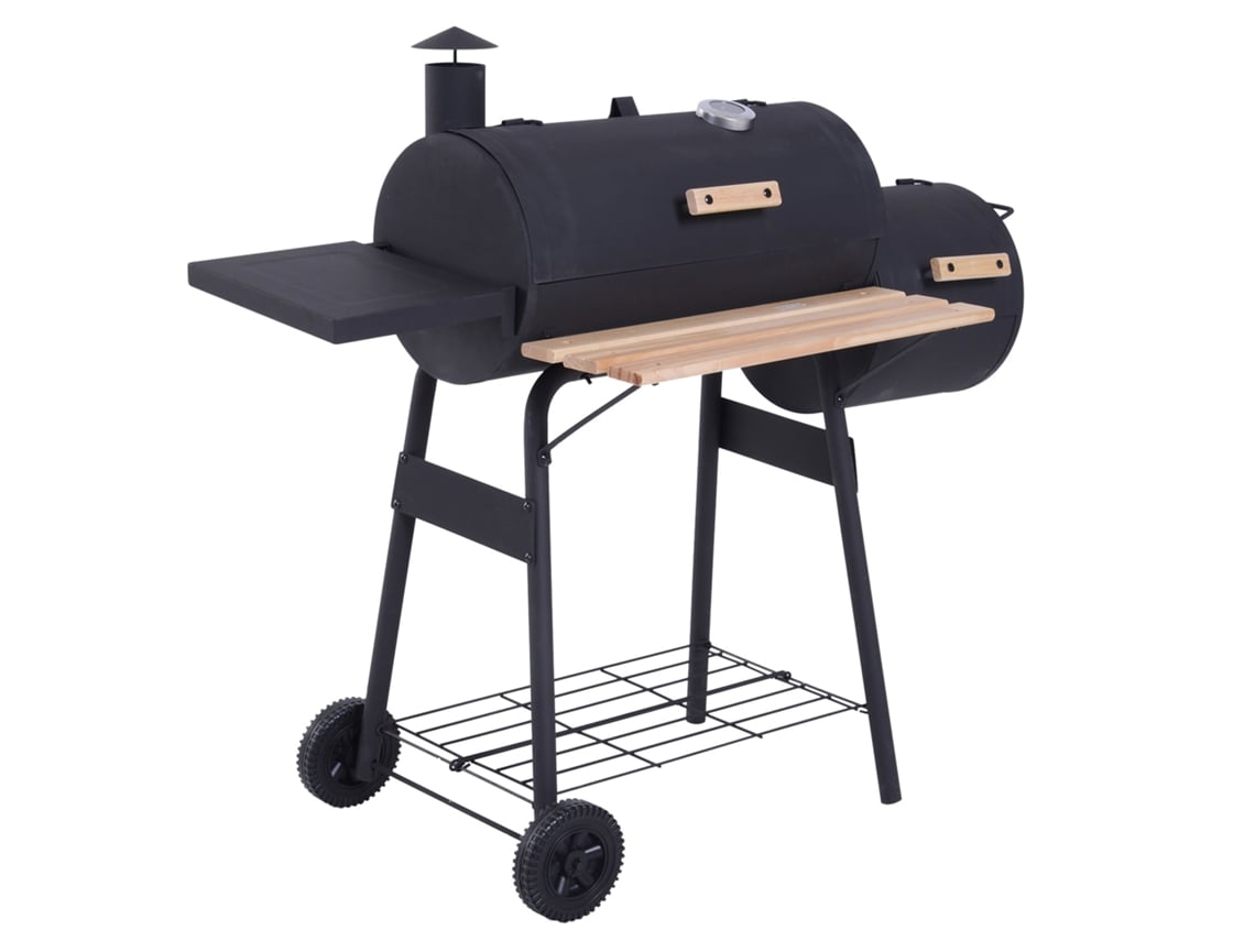Churrasco À Charbon Fumoir Bbq Grelha Smoker Sur Pied Com Couvercle, Rouletes, Thermomètre, Étagères Acier Laminé À Froid Preto