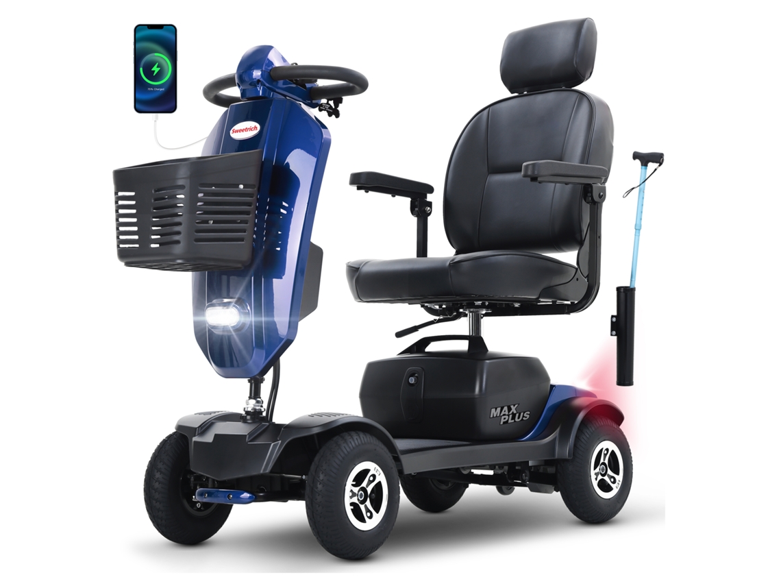 Carrinho Elétrico Para Idosos, Motor 300w, Capacidade 136 Kg, Autonomia 25 Km, Encosto Giratório 360°, Sem Cnh. - Max Plus Azul