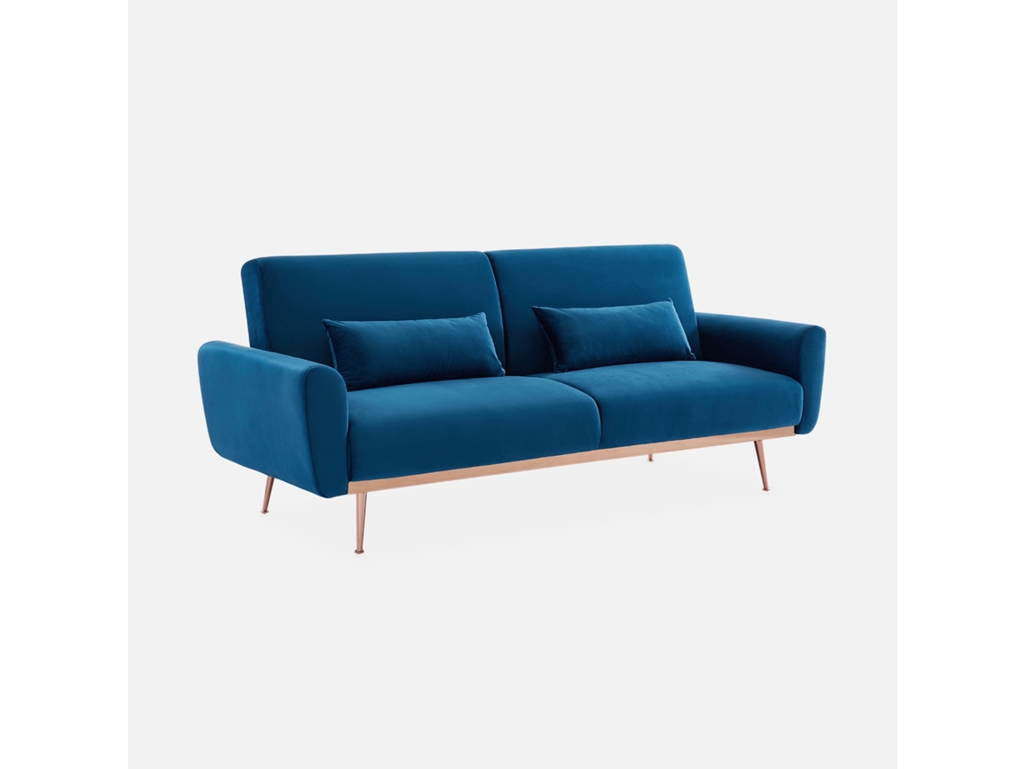 Sofá-cama Em Veludo Com Pés Em Metal, 2 A 3 Lugares, Azul
