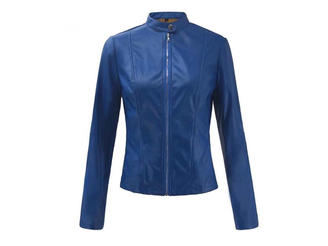 Jaqueta feminina Rebe vintage em couro sintético com zíper, gola alta, manga comprida, modelagem ajustada, ideal para motociclismo, tamanho M, azul.