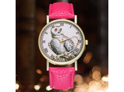 Relógio de pulso feminino elegante e moderno com estampa de desenho animado em vermelho e rosa.