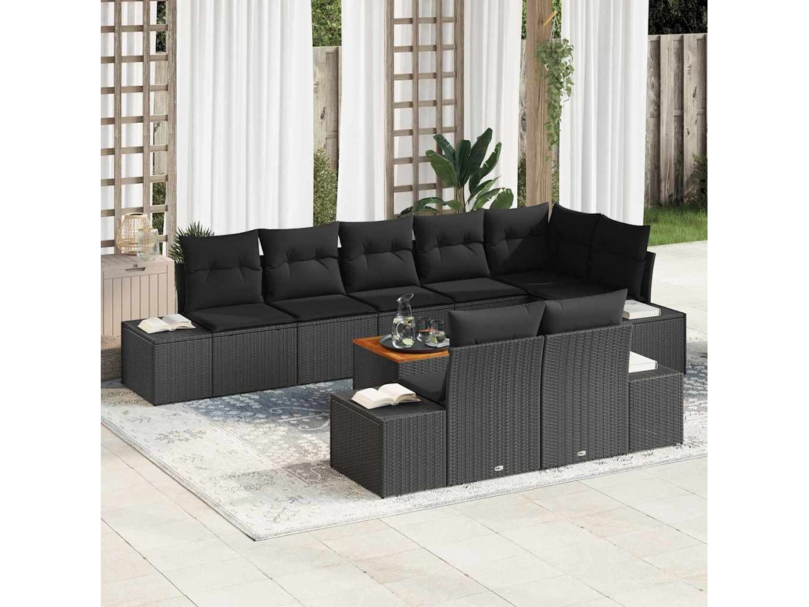 Vidaxl Conjunto De Sofá De Jardim Com Almofada 9 Pcs Preto Vime Pe