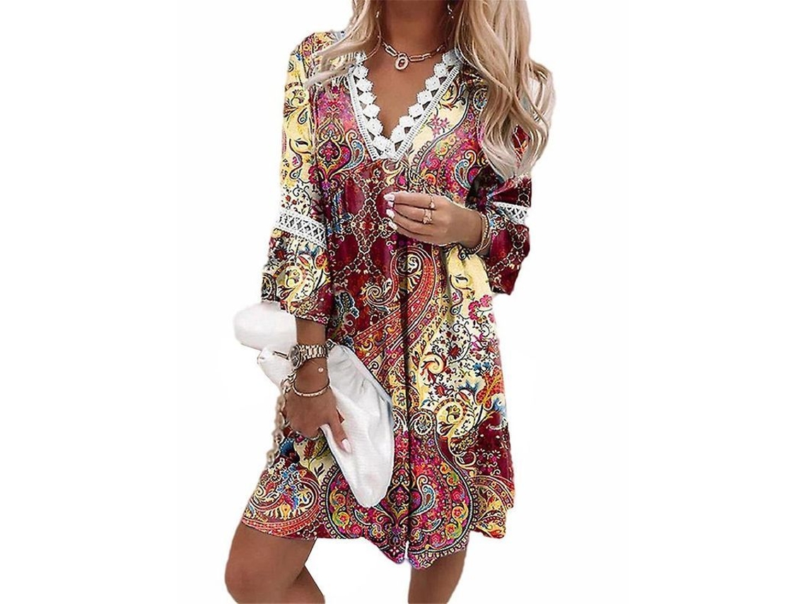 2026 vestido Mini Boho de Manga 3/4 Cuello V para Mujer Verano Vacaciones Playa Suelto