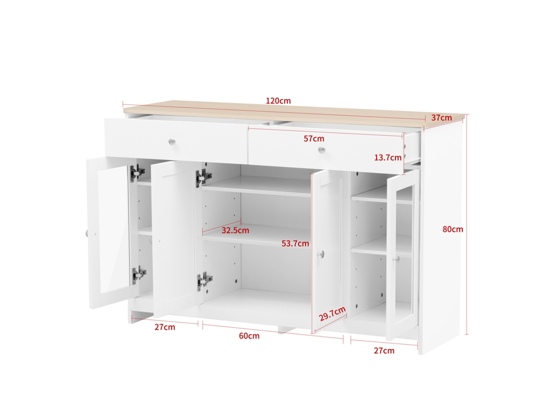 Buffet Acabamento Imitação Madeira Branca, Quatro Portas, Duas Gavetas Uma Envidraçada, Decoração Sala E Sala De Jantar Tons Madeira E Branco