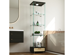 Vitrine Moderna De Vidro Com Gavetas, Iluminação Led, Estante De Vidro Temperado, Armário Com Uma Porta E Quatro Prateleiras.