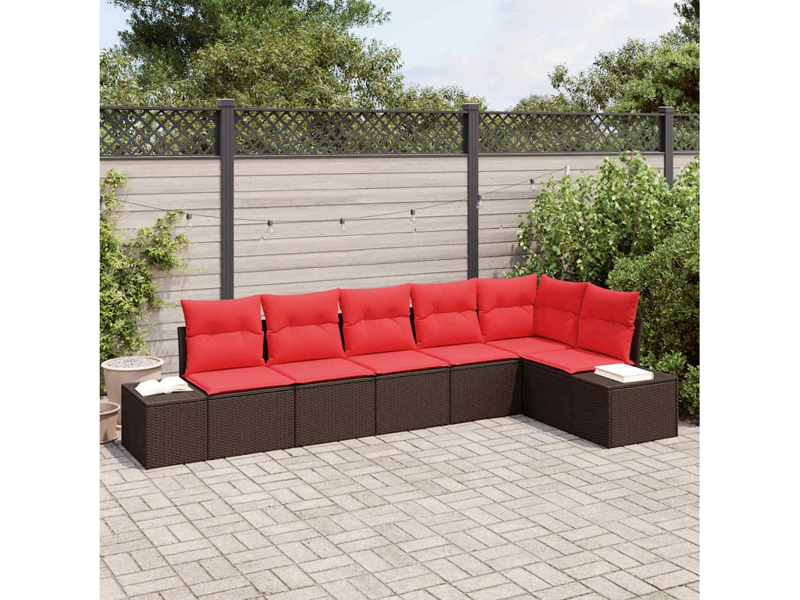 Vidaxl Conjunto De Sofá De Jardim 6 Unid. Marrom E Vermelho Vime Pe
