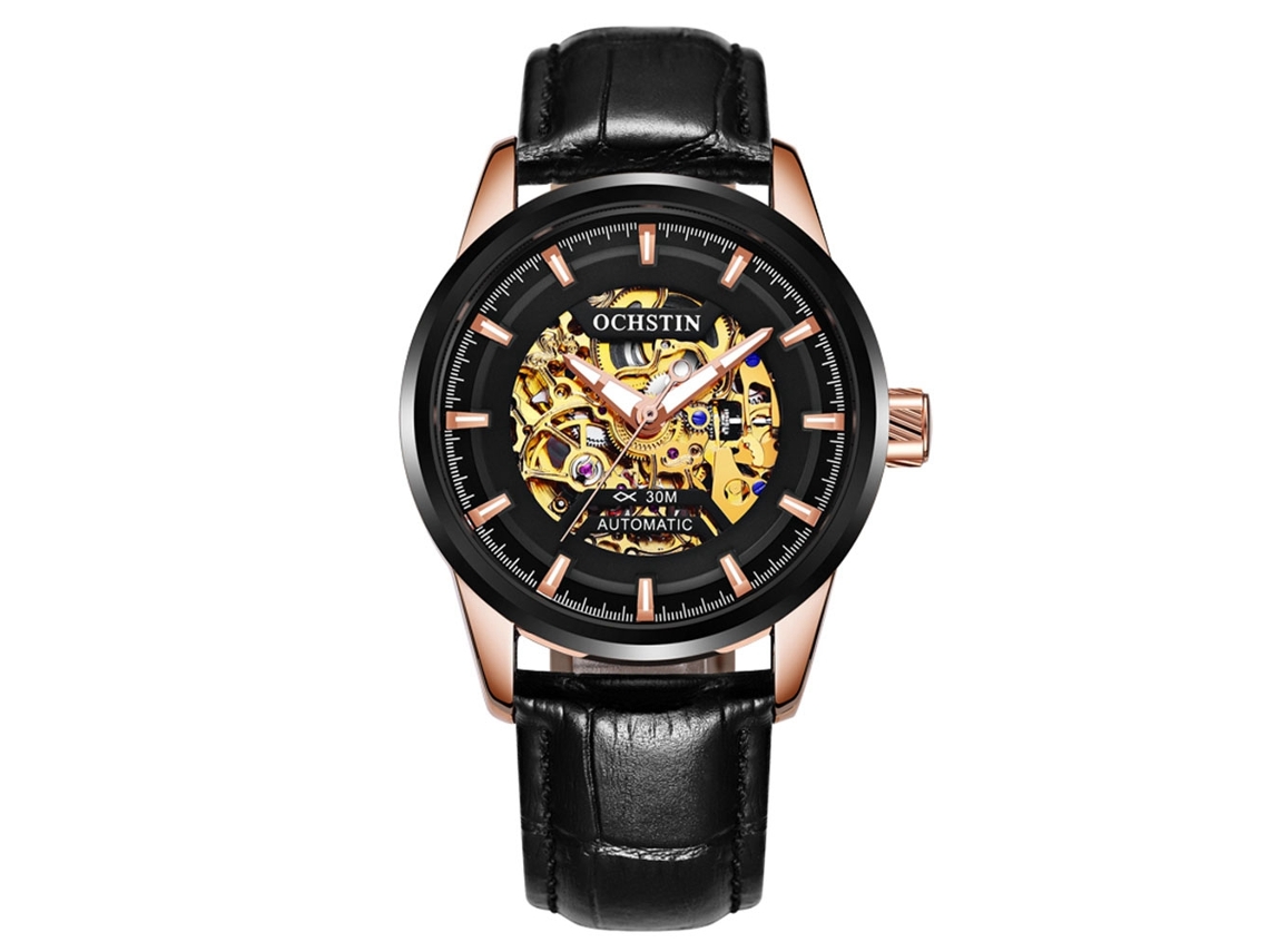 Homem Ochstin Full Hollow Couro Preto+ouro Rosa Relógio Mecânico Automático