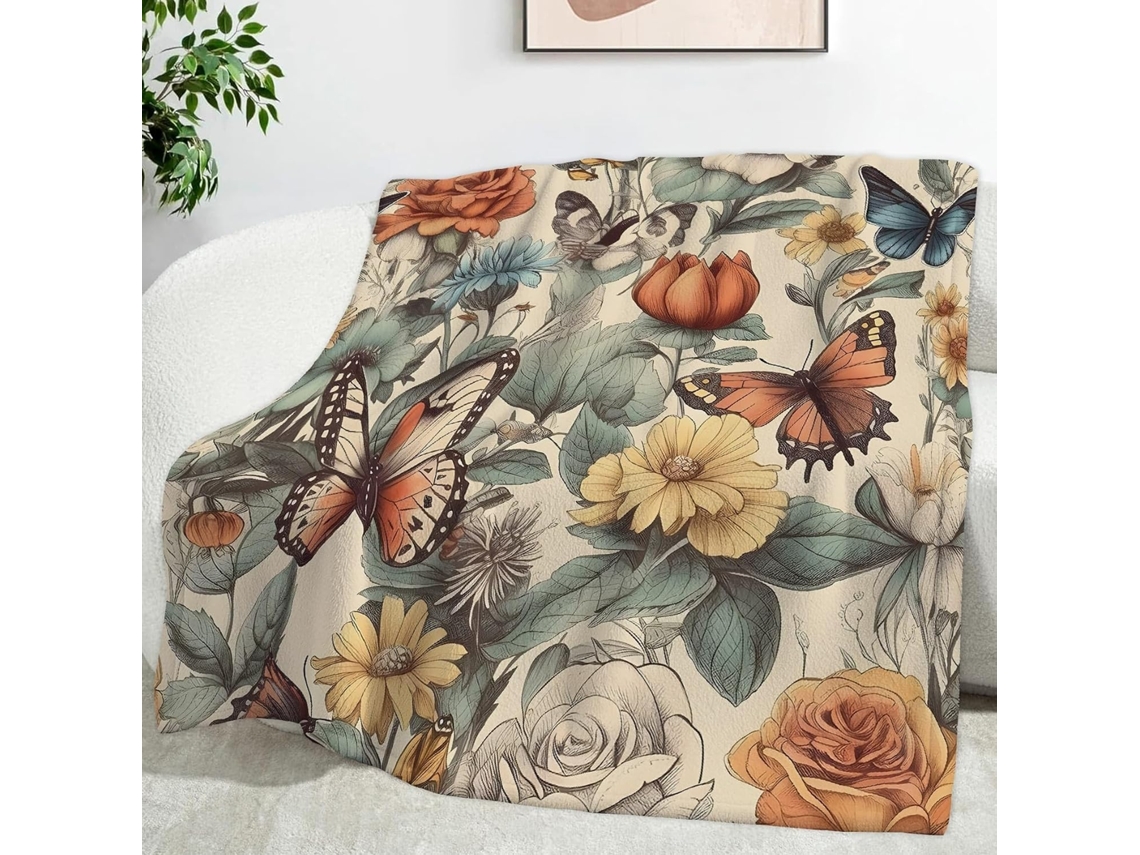Manta com Estampa de Borboletas e Flores 100x130 Cm Multifuncional Macia Aconchegante em Flanela Ideal para Ca