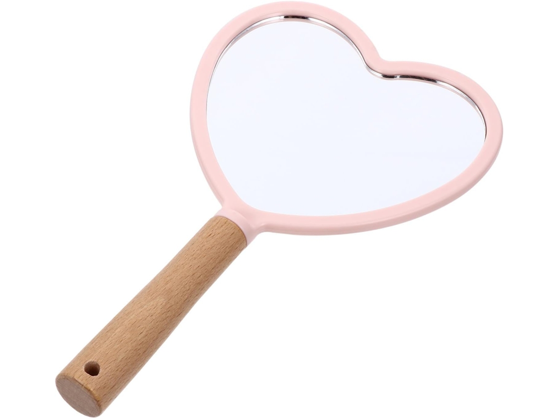 Pincel de maquiagem portátil em formato de coração rosa com capa de madeira.