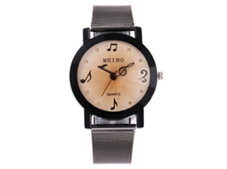 Relógio feminino de quartzo com pulseira de malha metálica Mebio (preto e branco)