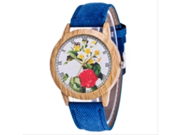 Relógio de Pulso Feminino Jeans Flor Retro Fashionável com Pulseira Azul