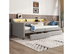 Cama De Dia 90x200cm, Sofá-cama, Base Ripas, Luz Ambiente Controle Remoto, 2 Gavetas, Usb, Linho, Cinza, Sem Colchão-op