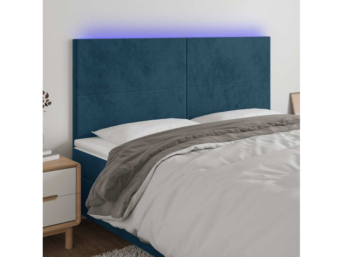 Vidaxl Cabeceira Cama C/ Luzes Led Veludo 180x5x118/128cm Azul-escuro