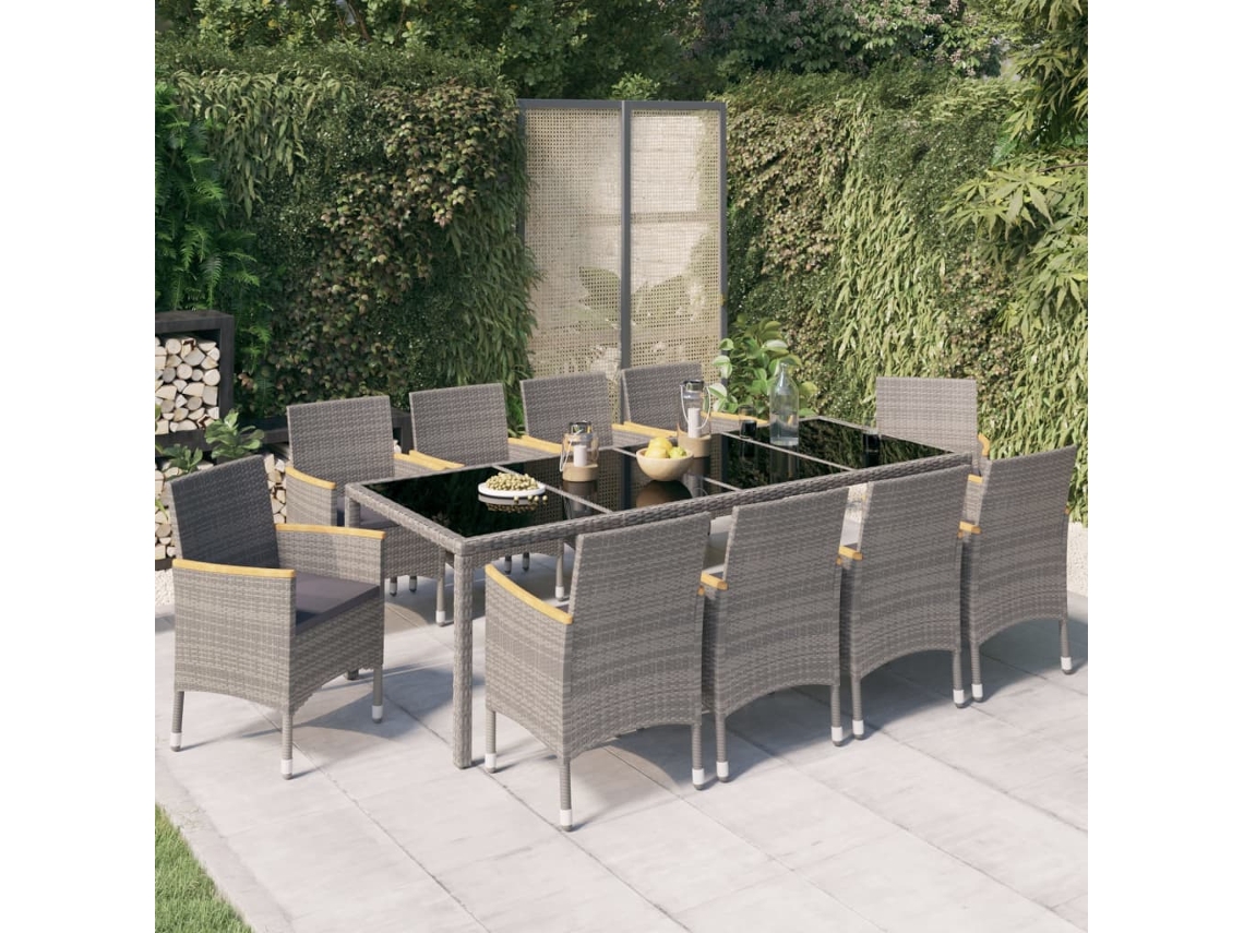 11 unidades Conj. Jantar Exterior C/Almofadões Vime Pe Preto/Cinza Dkd Home Decor
