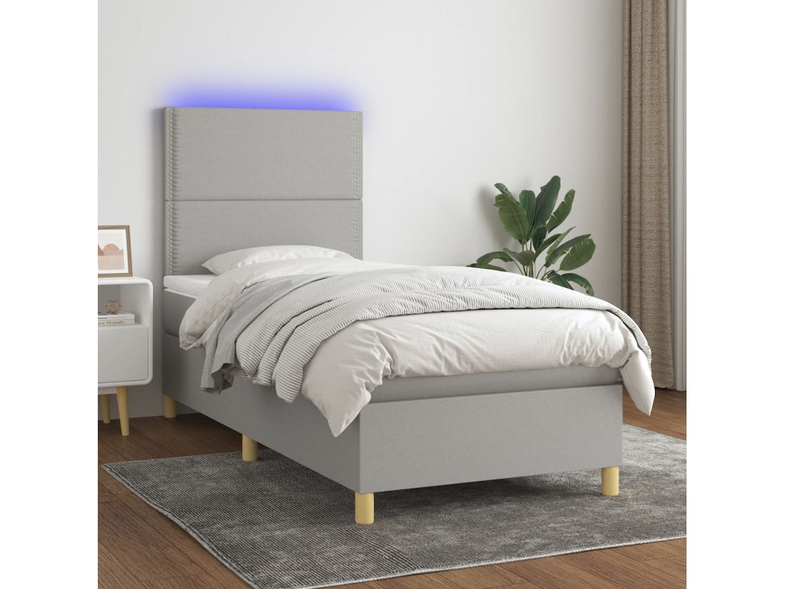 Vidaxl Cama Box Spring C/ Colchão E Led 90x190 Cm Tecido Cinza-claro