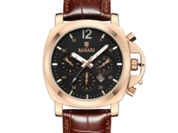 Relógio de pulso redondo Bagari, elegante, com pulseira de PU, mostrador simples, movimento de quartzo, detalhes em ouro rosa e marrom.