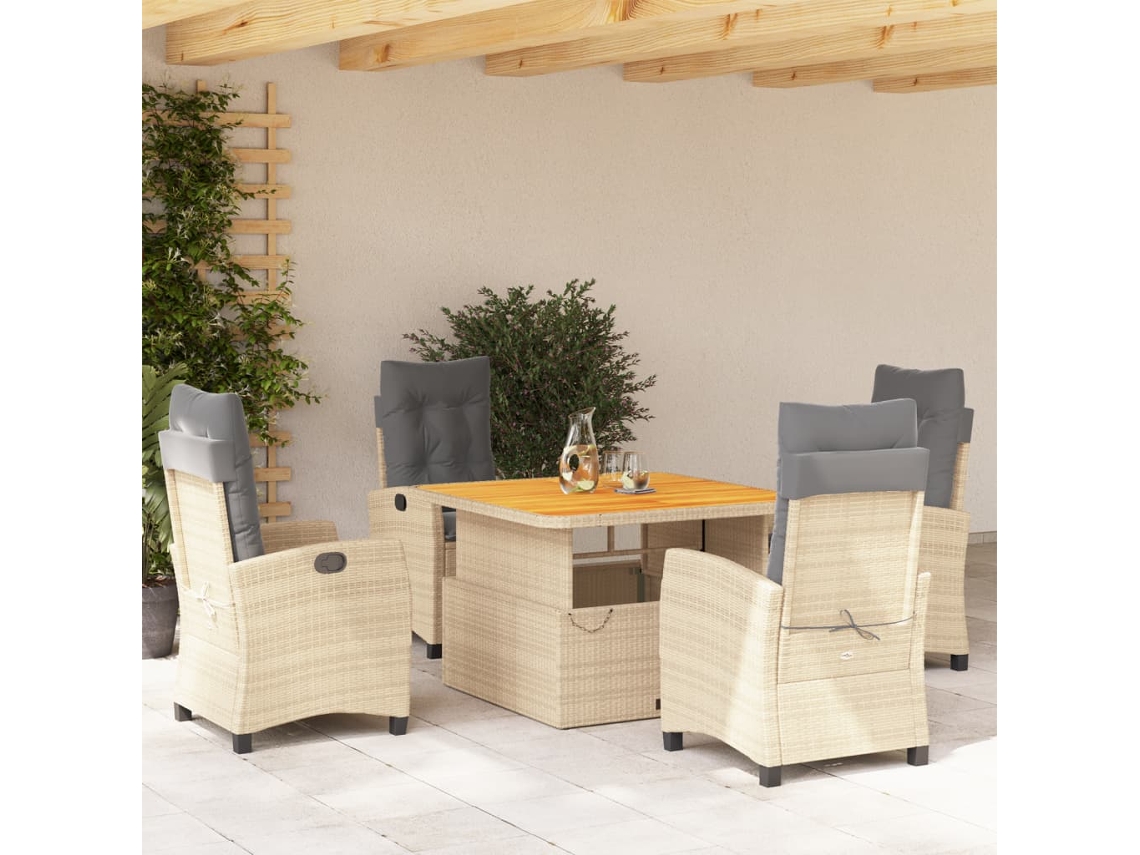 Vidaxl 5 Pcs Conjunto De Jantar P/ Jardim Com Almofadões Vime Pe Bege
