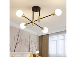Candeiro de Teto Simples, com Poste em Ferro, Casquilho E27 e 4 Luminárias Modernas, Ideal para Sala Estar Jantar STELASPLEN