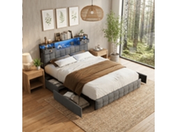 Cama Casal Para Quarto 160x200 Cm Com 4 Gavetas De Arrumação E Iluminação Led, Cabeceira Com Prateleira, Cama Estofada Com Usb