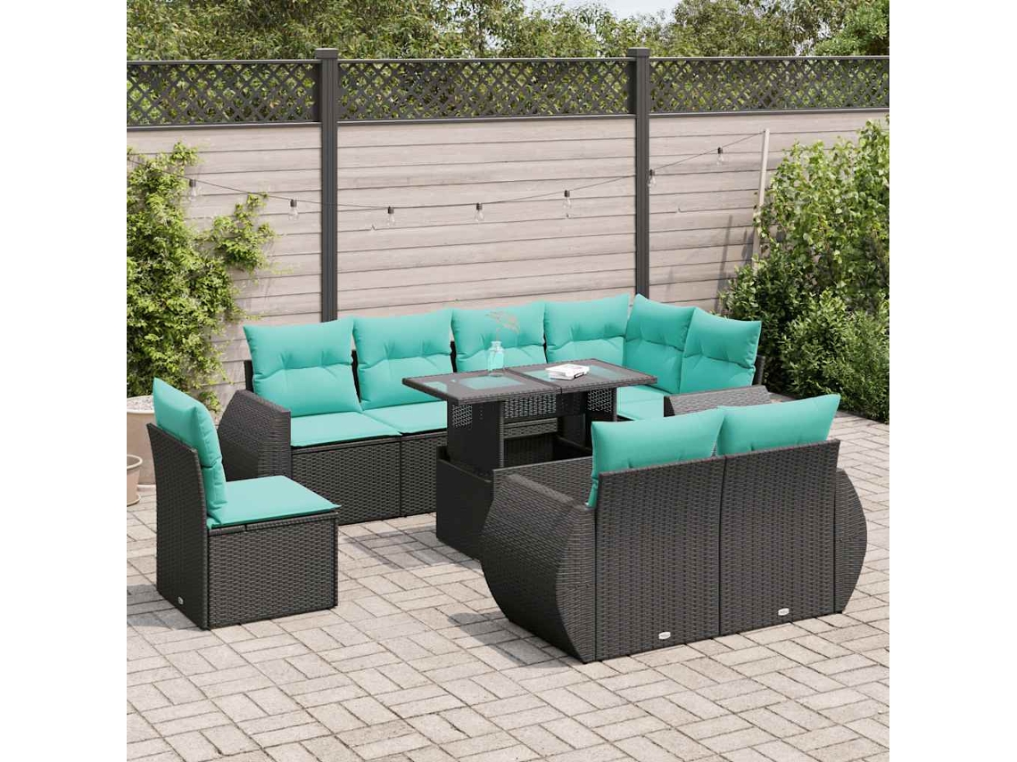 Vidaxl 9 Pcs Conjunto Sofás P/ Jardim Almofadões Vime Pe/acácia Preto