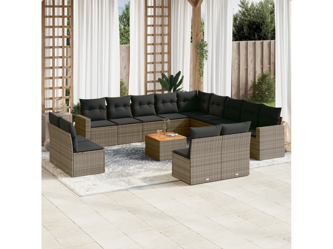 Vidaxl 14 Pcs Conjunto Sofás P/ Jardim C/ Almofadões Vime Pe Cinzento