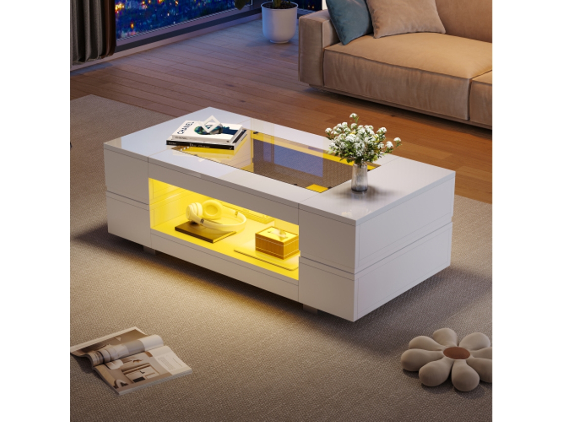 Mesa de centro LED branca Liptaptyn com controle por aplicativo Bluetooth, ideal para sala de estar, escritório e festas