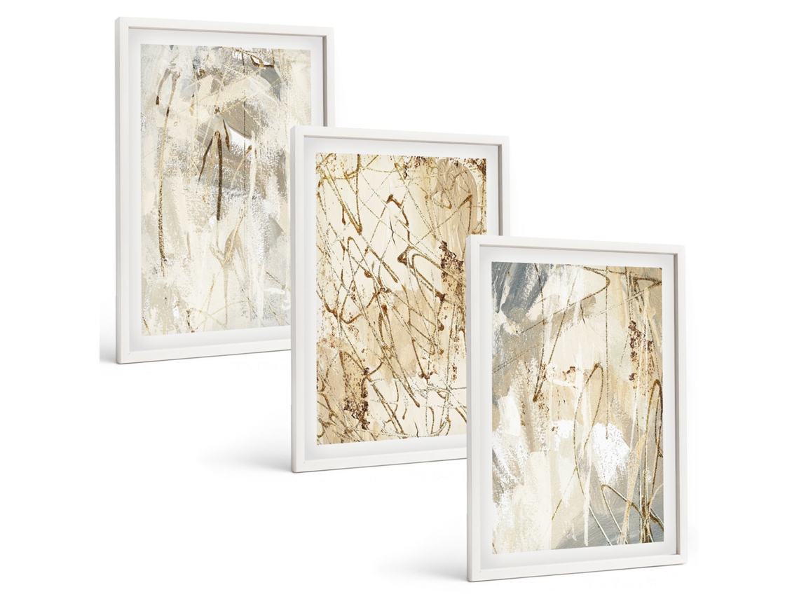 Composição De Quadros Padrões Abstratos Em Bege E Cinza Moldura Branca Quadros Para O Escritório Espelharte (3 Piezas De 40x60 Cm)