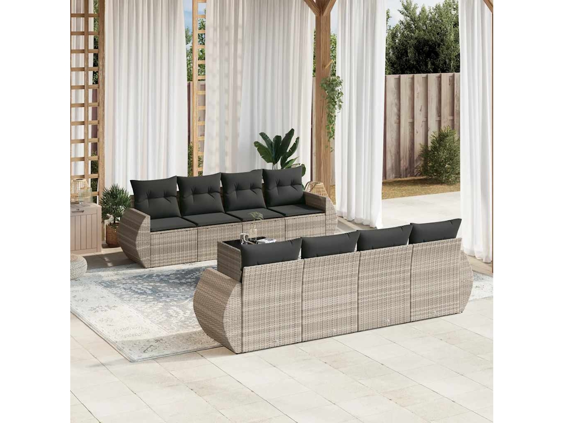 Vidaxl 9 Pcs Conj. Sofás Jardim Com Almofadões Vime Pe Cinzento-claro