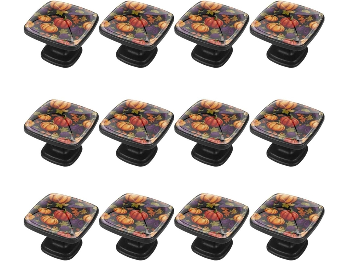 Puxadores E Botões Quadrados Para Gavetas Armários, Conjunto De 12 Peças, Com Estampa De Folhas Outono, Frutas E Abóbora