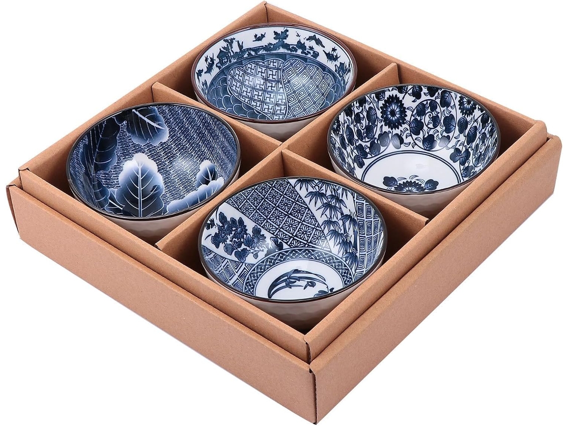 Conjunto De 4 Tigelas De Cerâmica Azul E Branca Gatuida