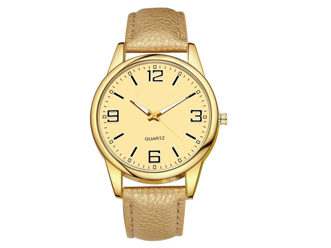 Relógio feminino Gaiety de luxo, elegante, com mostrador redondo, pulseira de PU e movimento analógico de quartzo, na cor dourada.