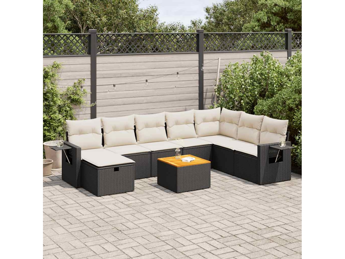Vidaxl 9 Pcs Conjunto De Sofás P/ Jardim C/ Almofadões Vime Pe Preto