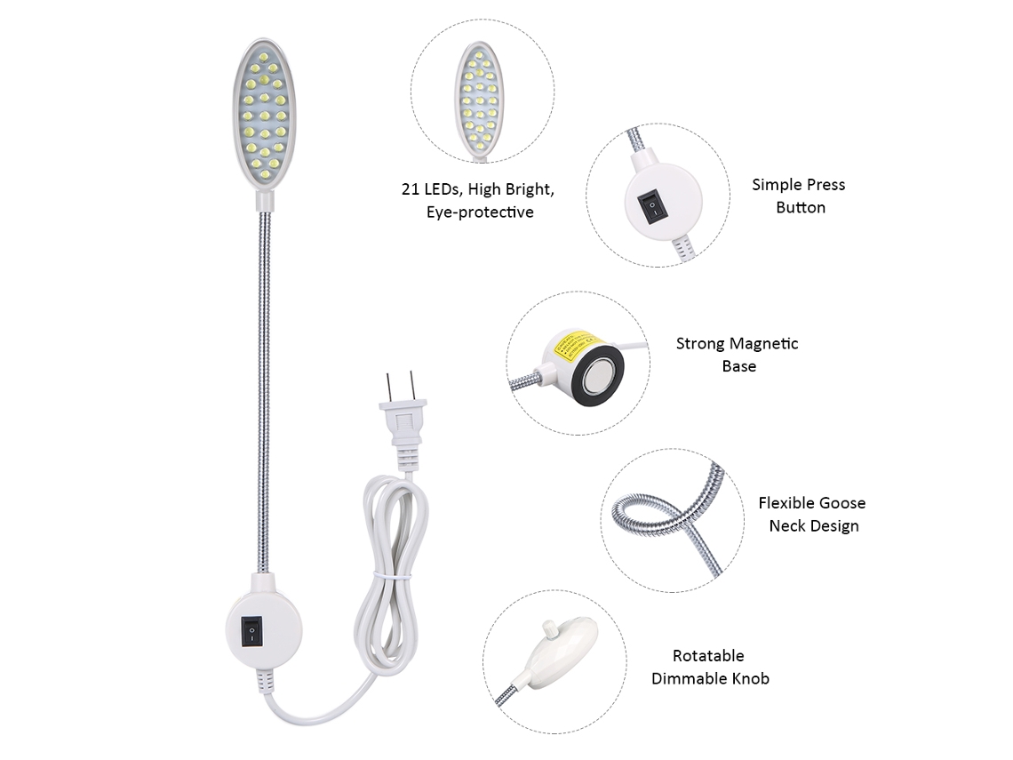 2026 luz Led para Máquina de Coser Ac110 250v 1w 21leds, Regulável com Comando Rotatório, Pescoço de Ganso Flexível, Base Fixa, Fácil Instalação