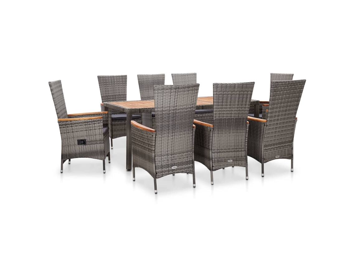 Vidaxl 9 Pcs Conjunto Jantar Exterior C/ Almofadões Vime Pe Cinzento