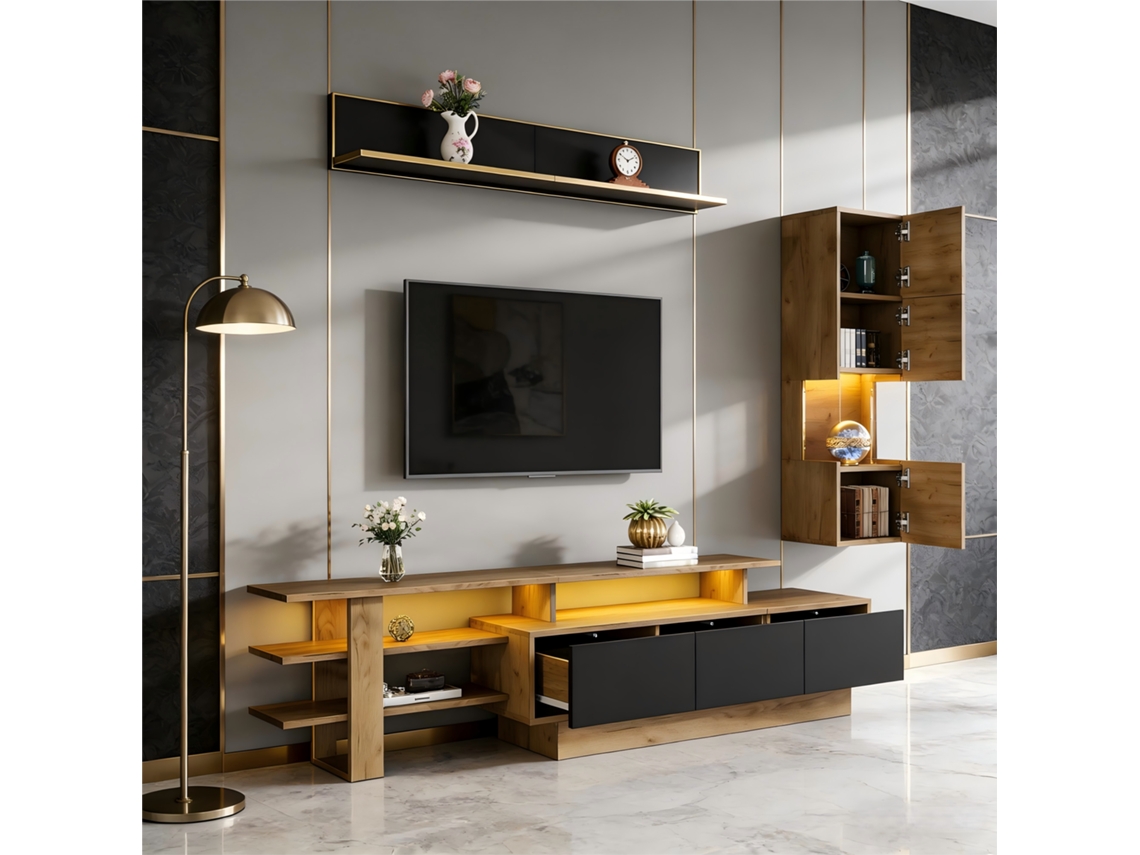 Conjunto Parede Led Rack 3 Gavetas Vitrine Preto
