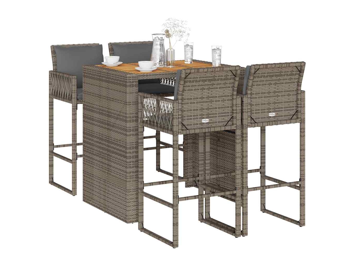 Vidaxl 5 Pcs Conj. De Bar Jardim C/ Almofadões Vime Pe/acácia Cinzento
