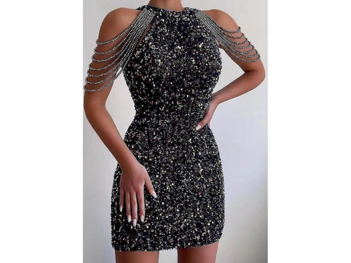 2026 vestido Corto de Lentejuelas Dorado Hombro Descubierto Sexy para Fiesta 1920s Flapper XL Negro
