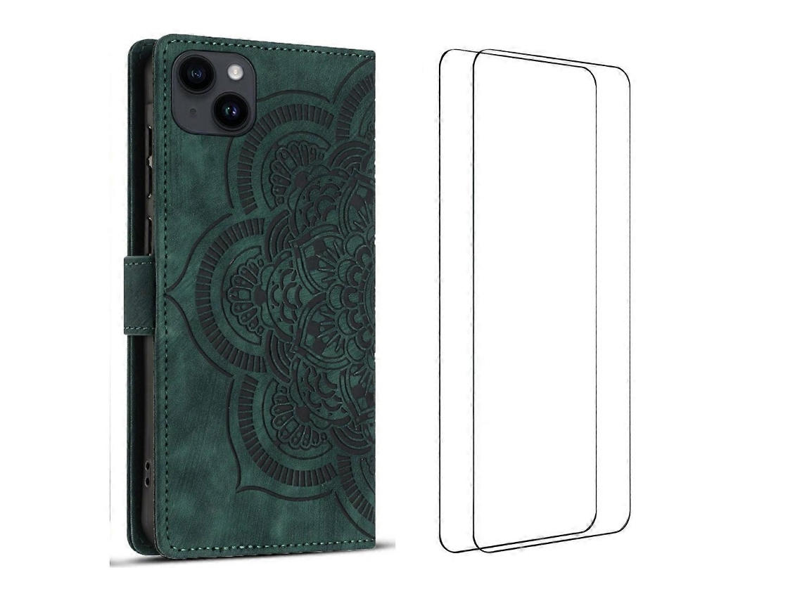 Capa Tkdaddy Para Iphone 15 Com 2 Peças De Vidro Temperado Wanlonfeng Mtl Series Mandala Couro Capa Para Celular Verde Meia-noite