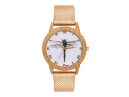 Reloj De Pulsera De Cuero Con Malla Delgada Dial Redondo Patrón Libélula Oro Rosa Para Mujer