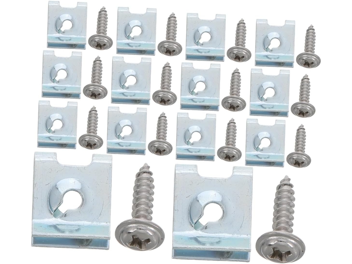 Conjunto de 200 peças de fixadores metálicos para carros e motocicletas: clipes em U, parafusos e porcas.