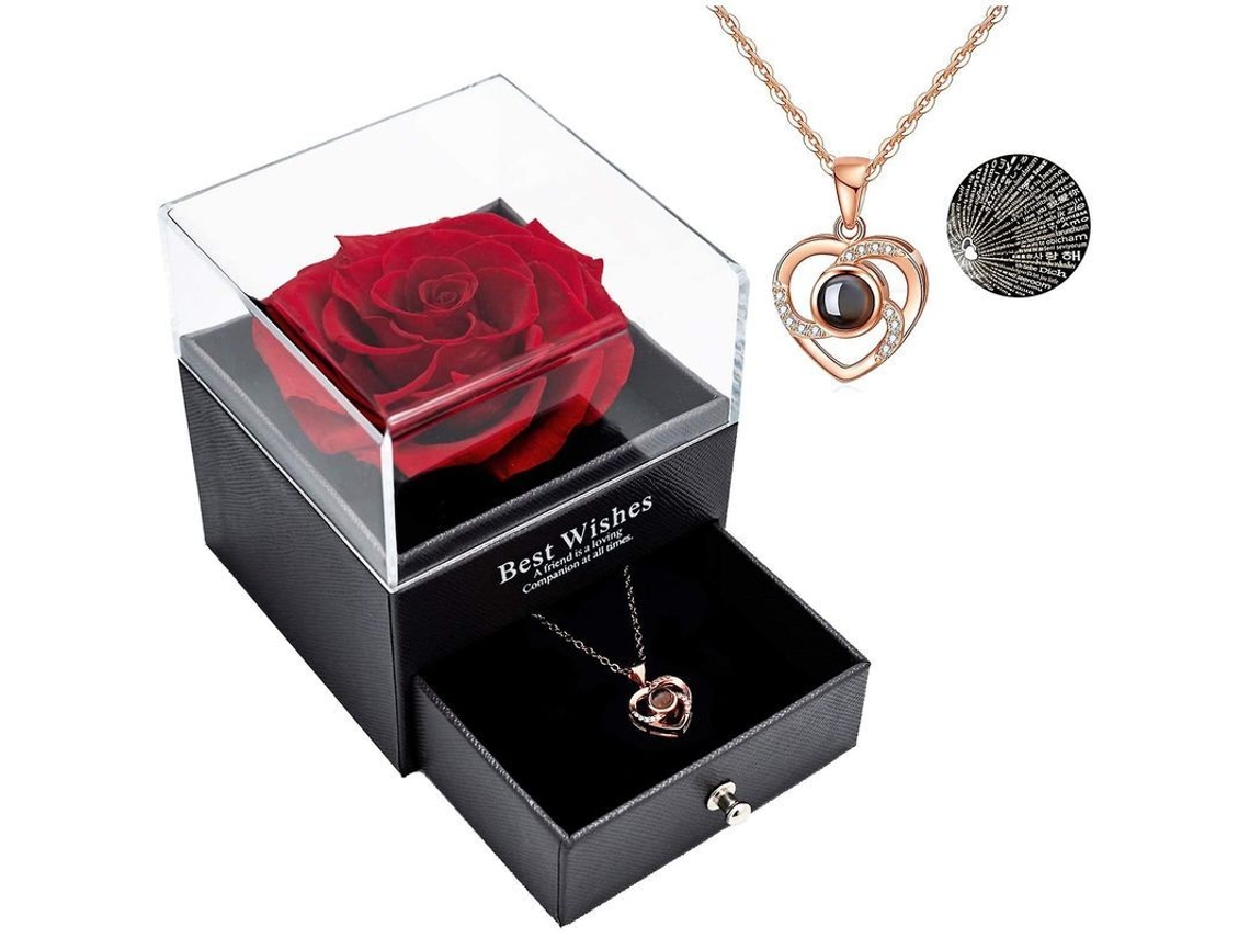Presente com Rosa Real e Colar "eu Te Amo" em 100 Idiomas Conjunto de Presentes