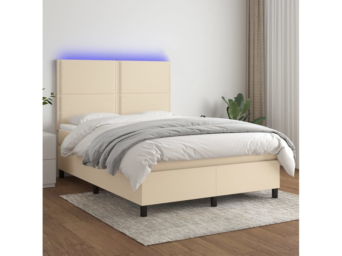 Vidaxl Cama Box Spring C/ Colchão E Led 140x190 Cm Tecido Cor Creme