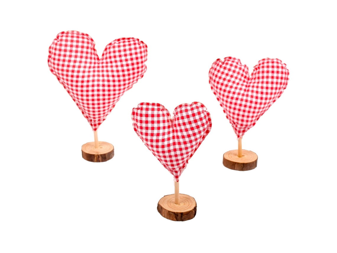 Conjunto de 3 Ornamentos Decorativos de Coração Xadrez Vermelho e Branco LAXISCREED