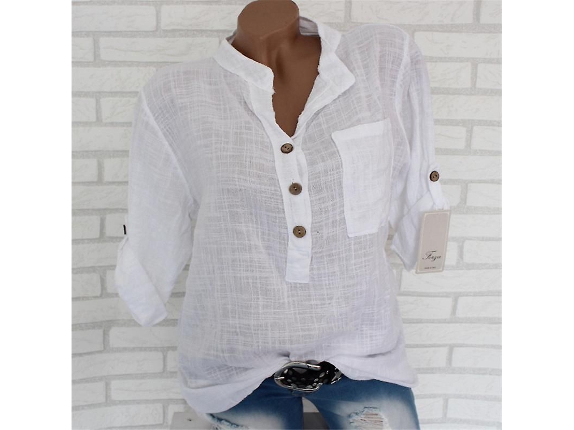 2026 blusa de Linho e Algodão para Mulher com Mangas Removíveis e Bordo Assimétrico