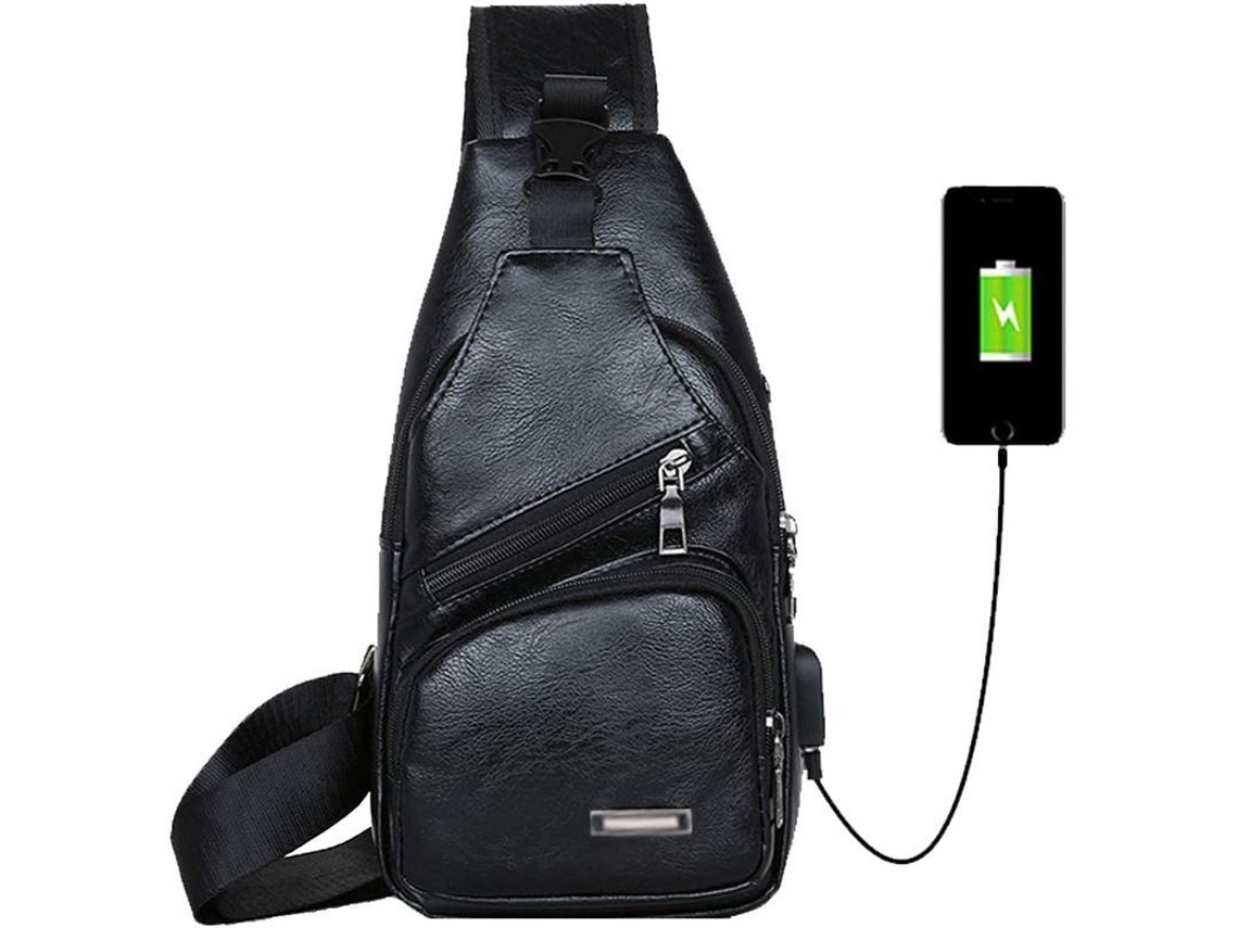 Bolsa Pecho Hombro Masculina de Cuero Pu com Puerto Usb, Resistente à Água | S/MARCA