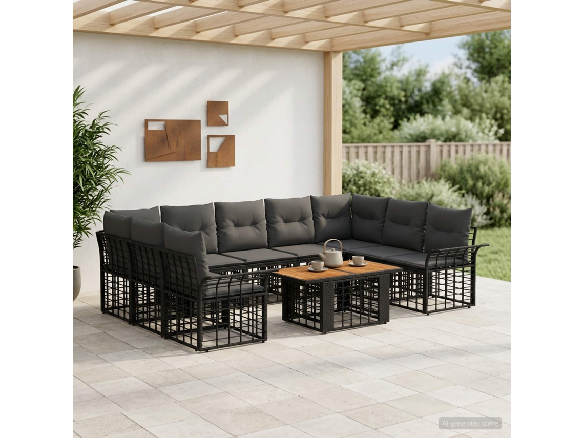 Vidaxl Conjunto De Sofá De Jardim 10 Unid. Preto E Cinza Escuro