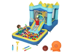 Castelo Insuflável Para Crianças Com Escorrega, Cama Elástica, Piscina E Aro De Basquetebol Para Dos 3 Aos 8 Anos, Azul